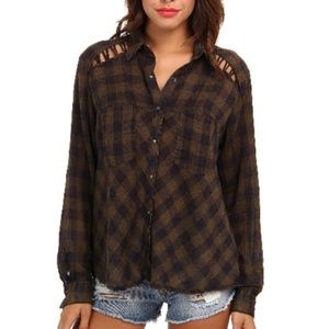 Free People 's Navy & Green Checkered Button Down